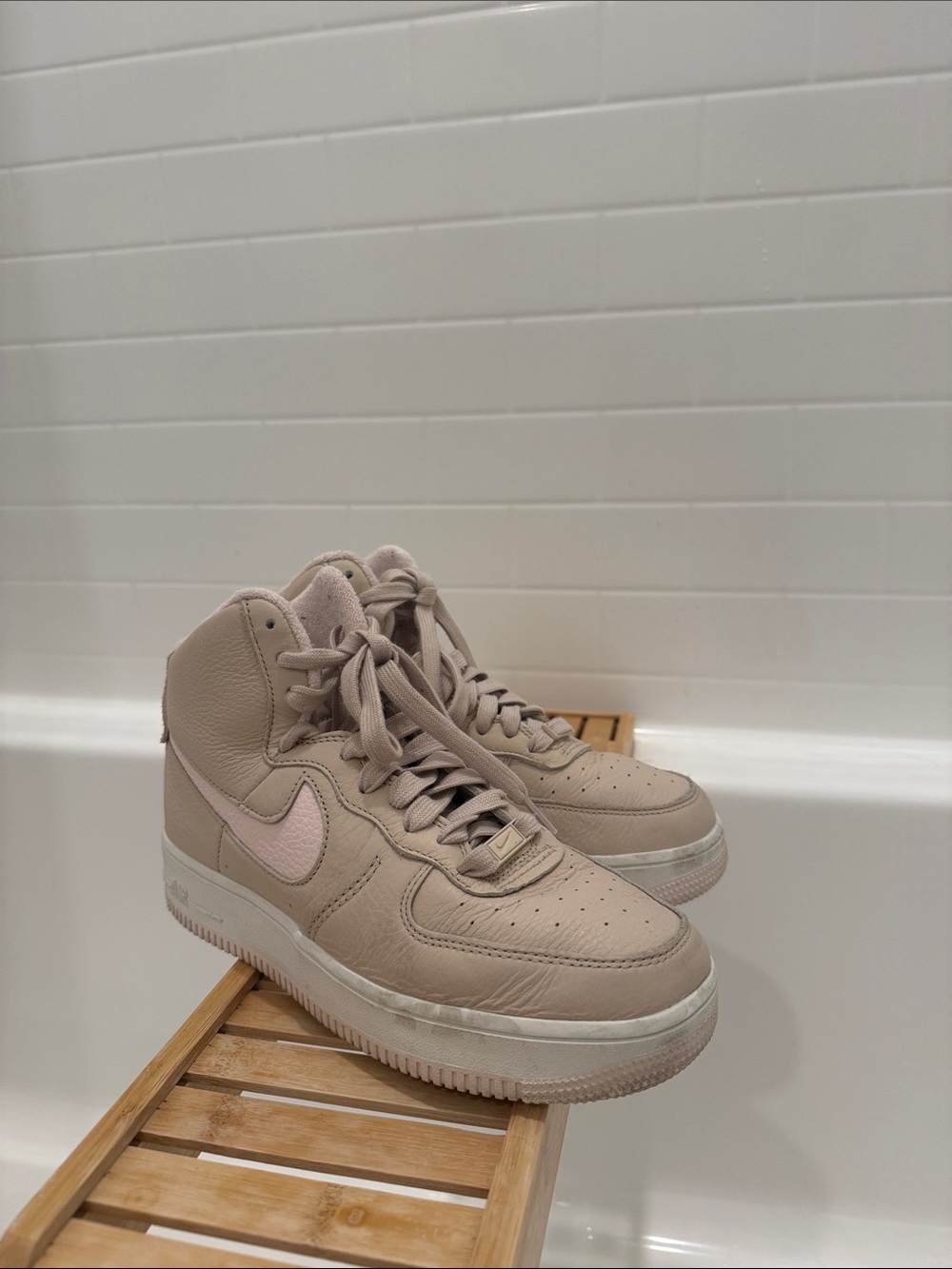 Nike Women's High-Top Sneakers in Beige with Light Pink Swoosh